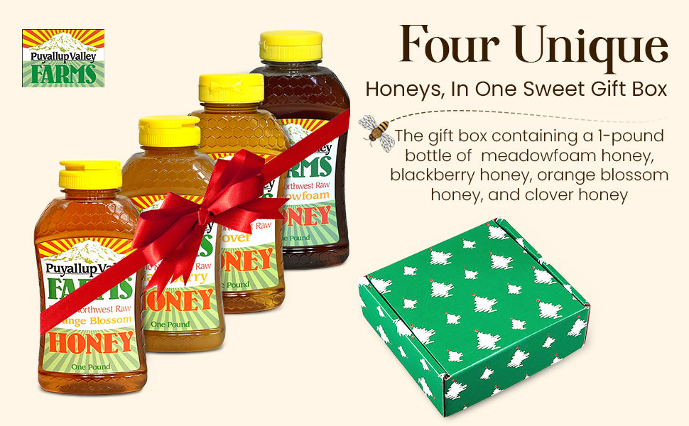A Honey Gift Box by Puyallup Valley Farms | All-Natural Sweetener | No Additives | Non-Pasteurized Organic Raw Honey | Raw Honey Comes in 4-1lb Squeeze Bottles | Gift Box Include Four Different Flavors | Free Shipping 64 Oz.