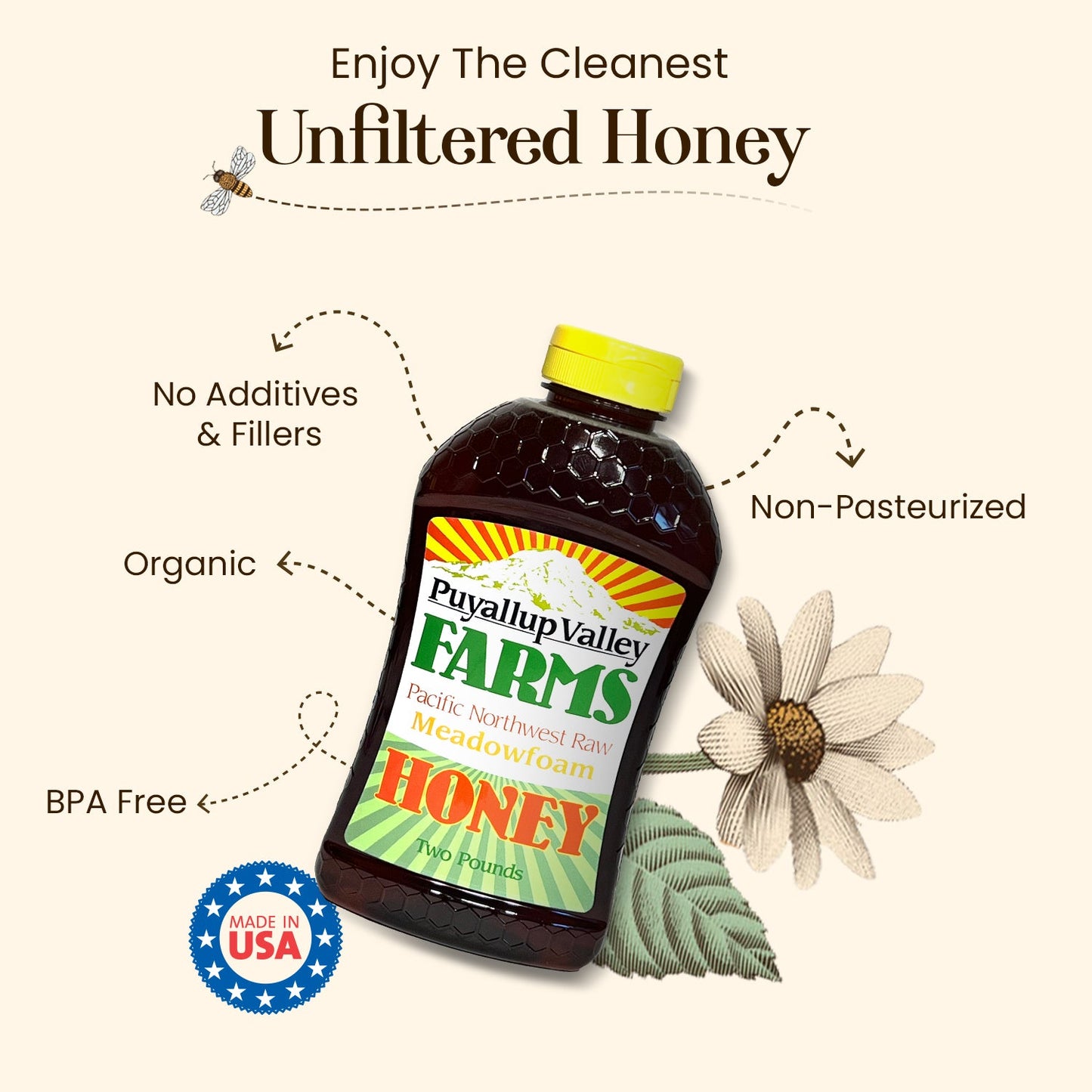 Blueberry Raw Honey by Puyallup Valley Farms Organic Unfiltered Raw Honey All Natural Sweetener No Additives Non Pasteurized Organic Raw Honey BPA Free Raw Organic Honey Bear Squeeze Bottle No Drip Cap FREE SHIPPING Bluberry 24 Oz.