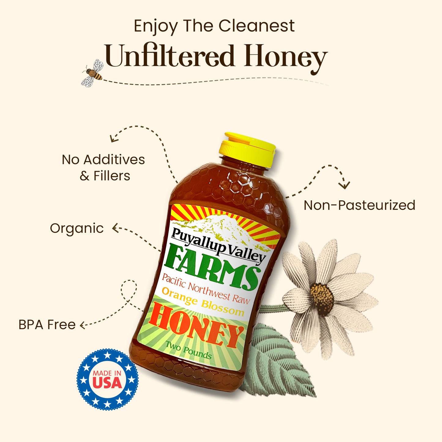 Orange Blossom Raw Honey by Puyallup Valley Farms Organic Unfiltered Raw Honey All-Natural Sweetener No Additives Non-Pasteurized Organic Raw Unfiltered Honey BPA Free Raw Organic Honey Squeeze Bottle No Drip Cap FREE SHIPPING Orange Blossom 32 Oz.
