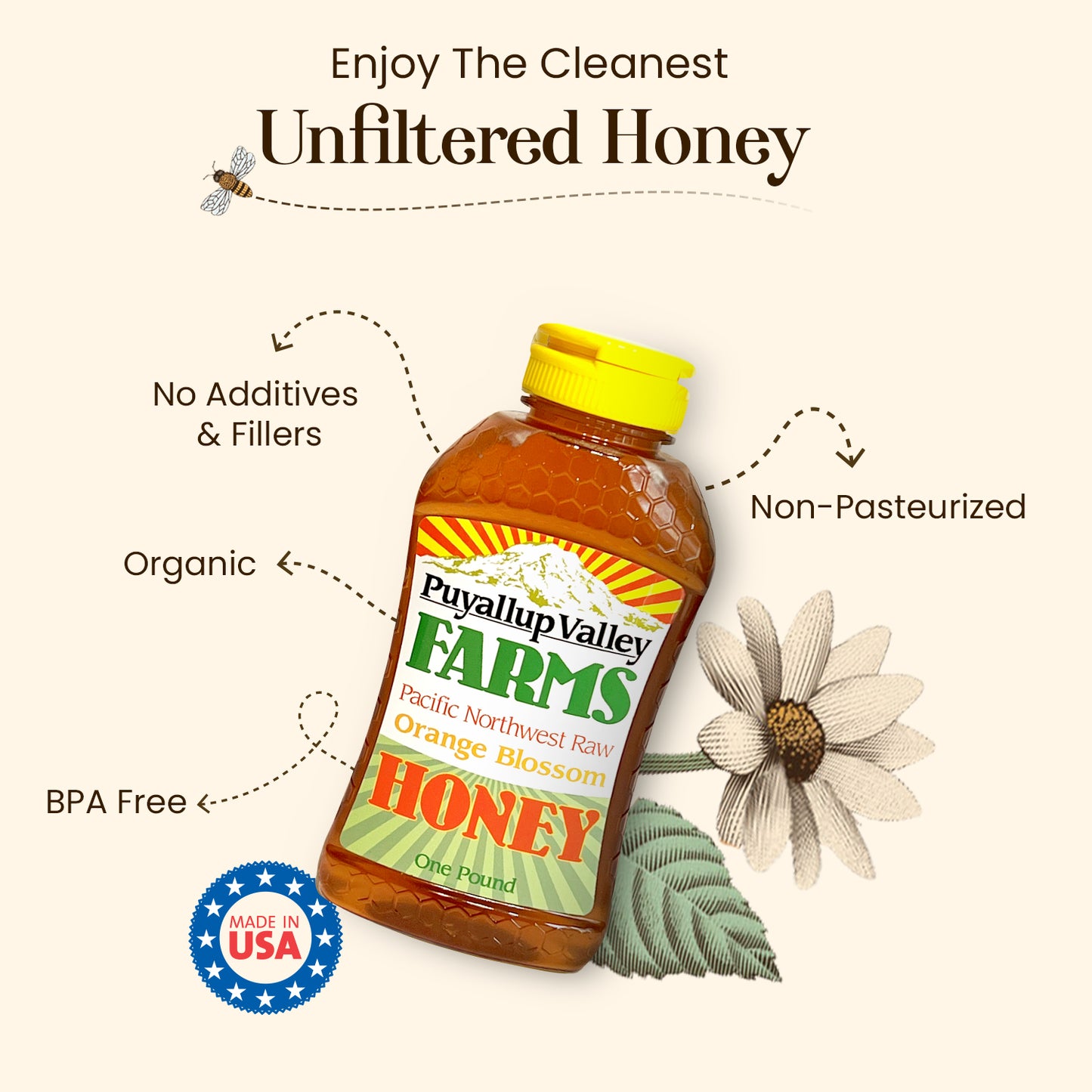 A Honey Gift Box by Puyallup Valley Farms | All-Natural Sweetener | No Additives | Non-Pasteurized Organic Raw Honey | Raw Honey Comes in 4-1lb Squeeze Bottles | Gift Box Include Four Different Flavors | Free Shipping 64 Oz.