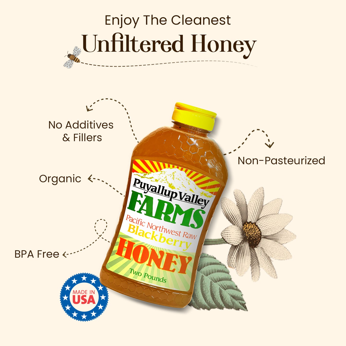 Puyallup Valley Farms™ Blackberry Honey | Raw Unfiltered 100% Pure | All Natural | No Additives | BPA Free No Drip Squeeze Bottle | 32 Oz.