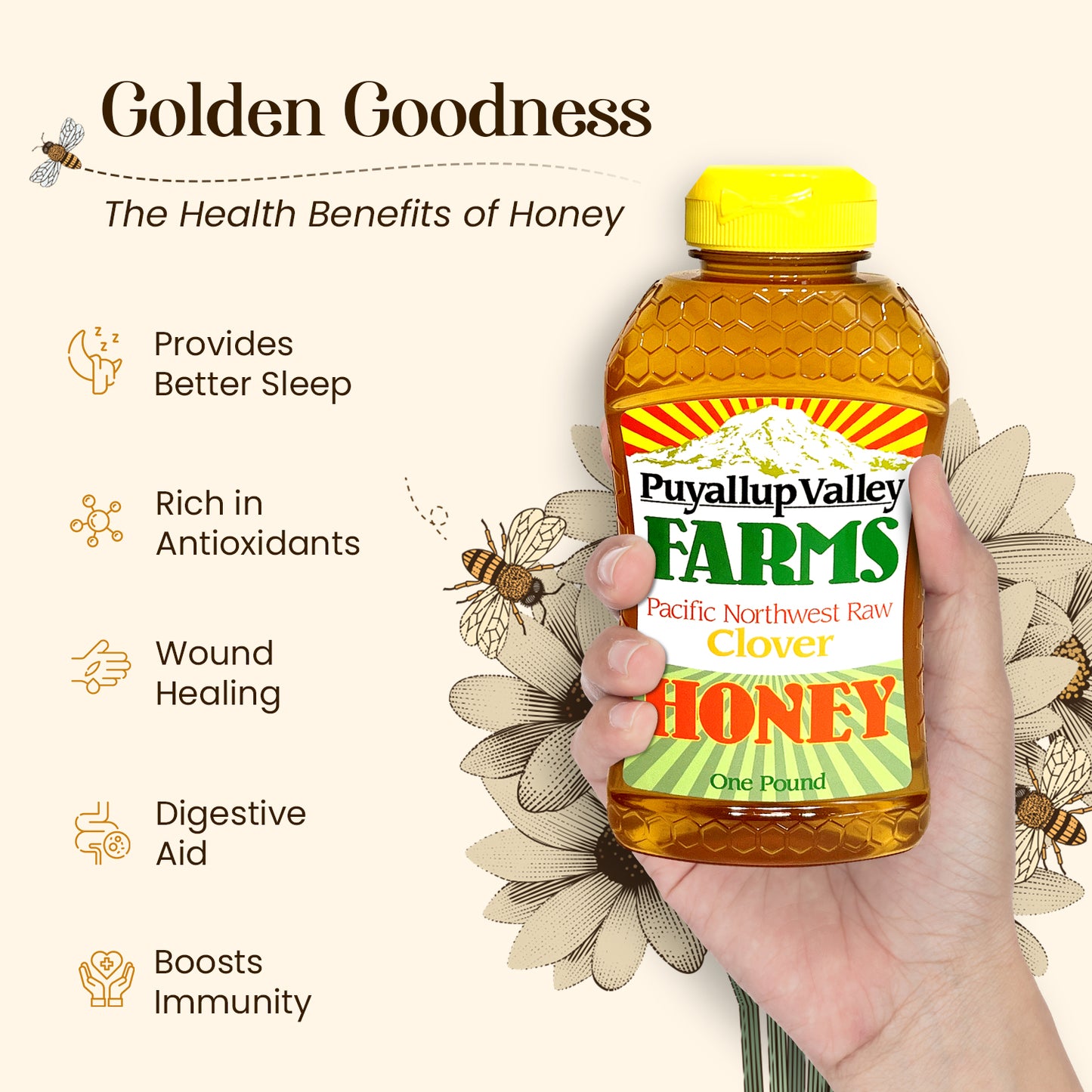 Clover Raw Honey by Puyallup Valley Farms Unfiltered Raw Honey All Natural Sweetener No Additives Non Pasteurized Organic Raw Honey BPA Free Raw Organic Honey Bear Squeeze Bottle No Drip Cap FREE SHIPPING Clover 12 Oz.