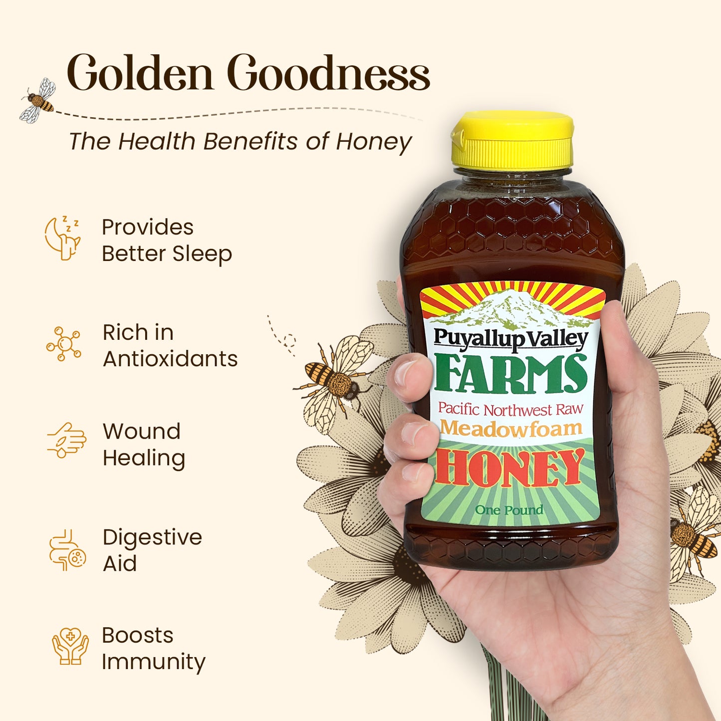 Orange Blossom Raw Honey by Puyallup Valley Farms Organic Unfiltered Raw Honey All Natural Sweetener No Additives Non Pasteurized Organic Raw Honey BPA Free Raw Organic Honey Bear Squeeze Bottle No Drip Cap FREE SHIPPING Orange Blossom 12 Oz.