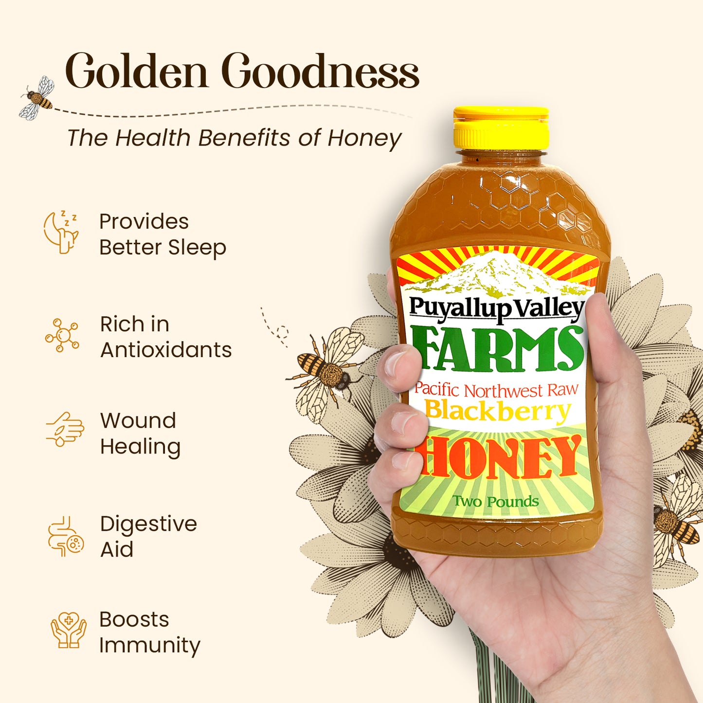 Puyallup Valley Farms™ Blackberry Honey | Raw Unfiltered 100% Pure | All Natural | No Additives | BPA Free No Drip Squeeze Bottle | 32 Oz.