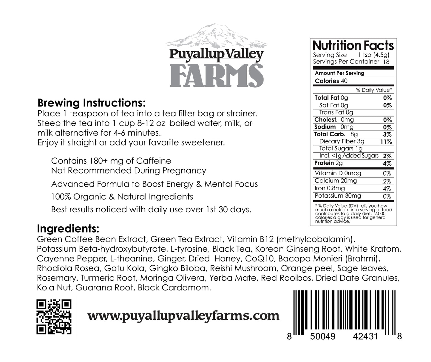 Premium Energy and Focus Loose Leaf Tea by Puyallup Valley Farms | 180 mg Caffeine for Energy | White Kratom for Focus | Plus Much More | FREE SHIPPING | Energy and Focus Loose Leaf Tea 3 Oz.