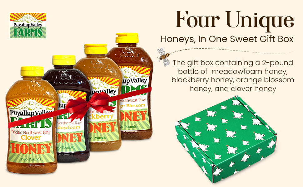 B Honey Gift Box by Puyallup Valley Farms | All-Natural Sweetener | No Additives | Non-Pasteurized Organic Raw Honey | Raw Honey Comes in 4-2lb Squeeze Bottles | Gift Box Includes Four Different Flavors | Free Shipping 128 Oz.