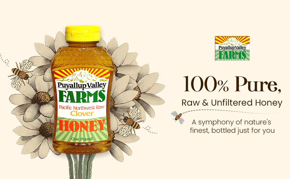 Clover Raw Honey by Puyallup Valley Farms Unfiltered Raw Honey All Natural Sweetener No Additives Non Pasteurized Organic Raw Honey BPA Free Raw Organic Honey Bear Squeeze Bottle No Drip Cap FREE SHIPPING Clover 12 Oz.