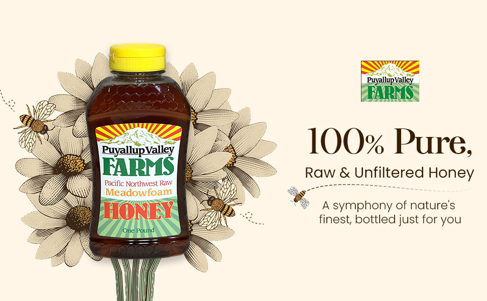 Meadowfoam Raw Honey by Puyallup Valley Farms | Organic Unfiltered Raw Honey | All-Natural Sweetener | No Additives | Non-Pasteurized Organic Raw Honey | BPA Free Raw Organic Honey Squeeze Bottle | No Drip Cap | FREE SHIPPING Meadowfoam, 16 Oz.