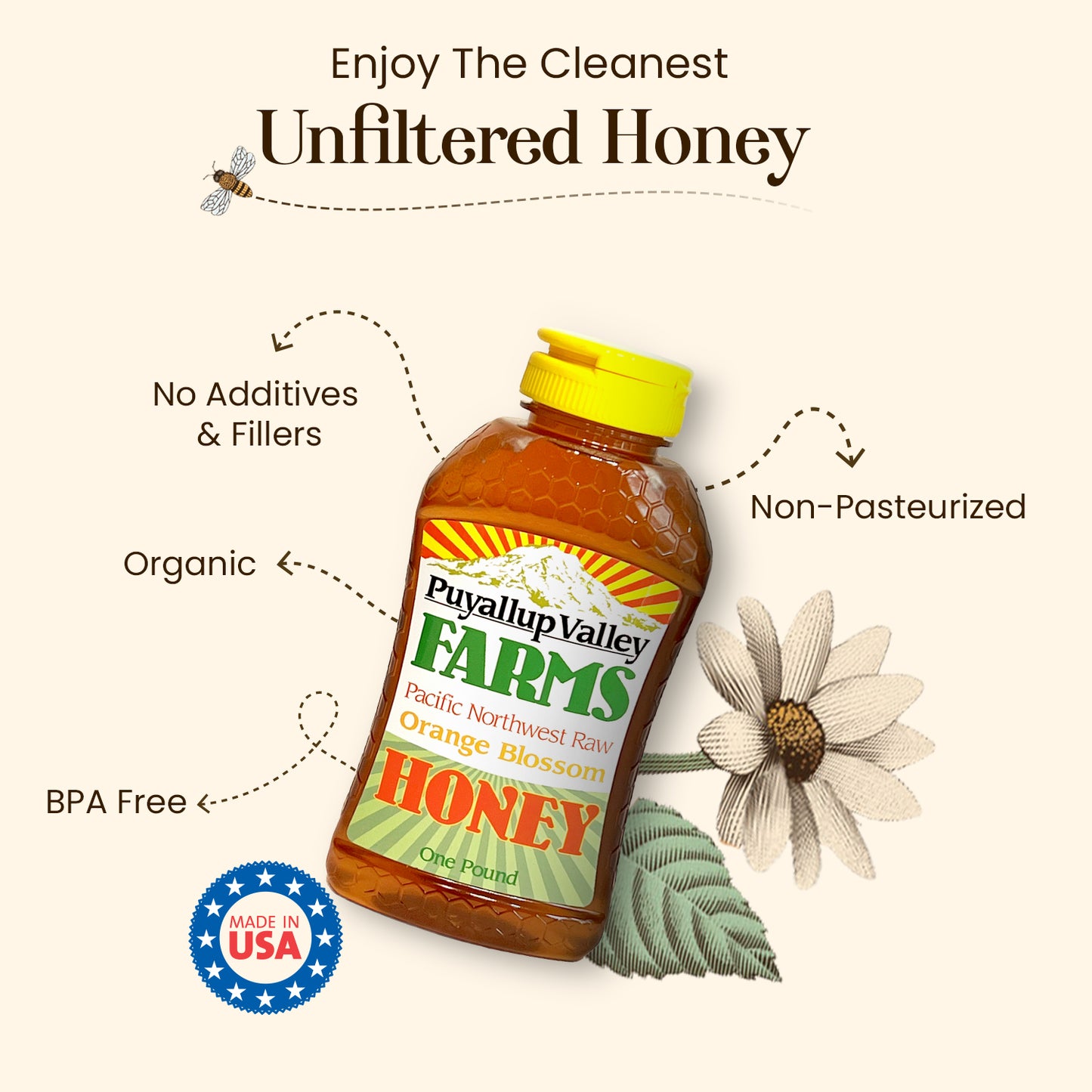 Orange Blossom Raw Honey by Puyallup Valley Farms | Organic Unfiltered Raw Honey | All-Natural Sweetener | No Additives | Non-Pasteurized Organic Raw Honey | BPA Free Raw Organic Honey Squeeze Bottle | No Drip Cap | FREE SHIPPING Orange Blossom 16 Oz