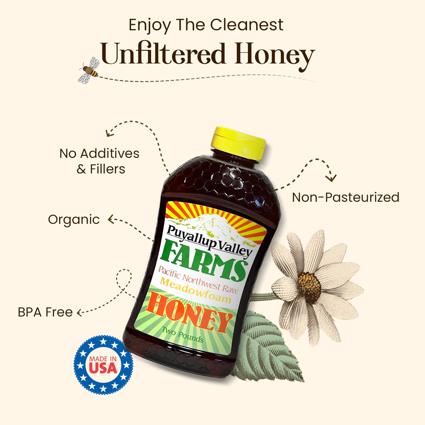 Blueberry Raw Honey by Puyallup Valley Farms Organic Unfiltered Raw Honey All Natural Sweetener No Additives Non Pasteurized Organic Raw Honey BPA Free Raw Organic Honey Bear Squeeze Bottle No Drip Cap FREE SHIPPING Blueberries 12 Oz.