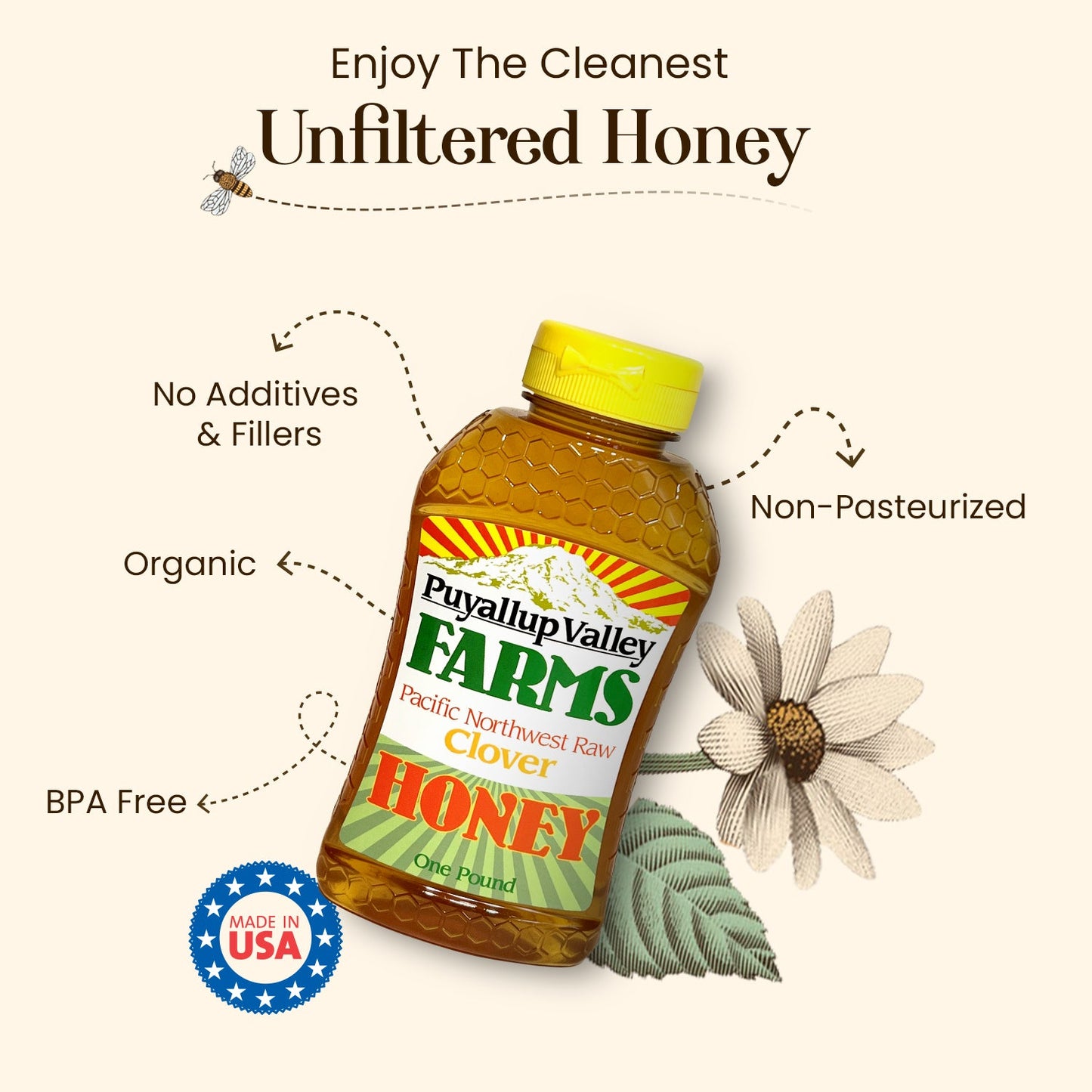 Clover Raw Honey by Puyallup Valley Farms Unfiltered Raw Honey All Natural Sweetener No Additives Non Pasteurized Organic Raw Honey BPA Free Raw Organic Honey Bear Squeeze Bottle No Drip Cap FREE SHIPPING Clover 24 Oz.