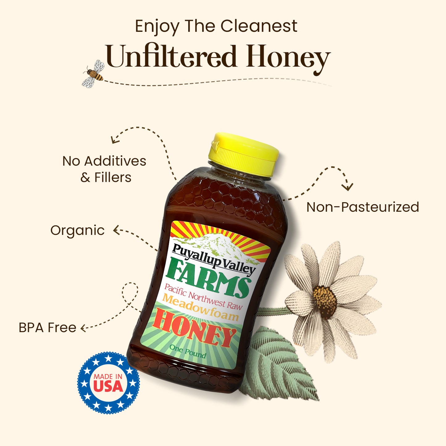 Orange Blossom Raw Honey by Puyallup Valley Farms Organic Unfiltered Raw Honey All Natural Sweetener No Additives Non Pasteurized Organic Raw Honey BPA Free Raw Organic Honey Bear Squeeze Bottle No Drip Cap FREE SHIPPING Orange Blossom 12 Oz.