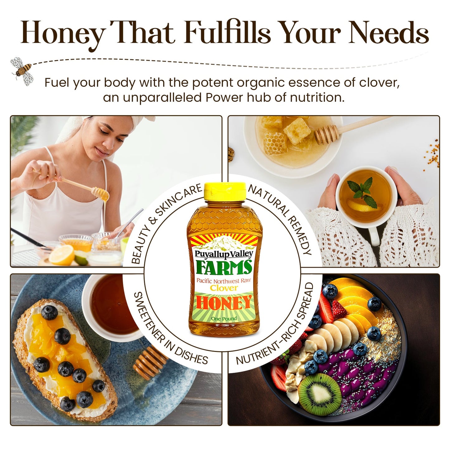 Clover Raw Honey by Puyallup Valley Farms Unfiltered Raw Honey All Natural Sweetener No Additives Non Pasteurized Organic Raw Honey BPA Free Raw Organic Honey Bear Squeeze Bottle No Drip Cap FREE SHIPPING Clover 24 Oz.