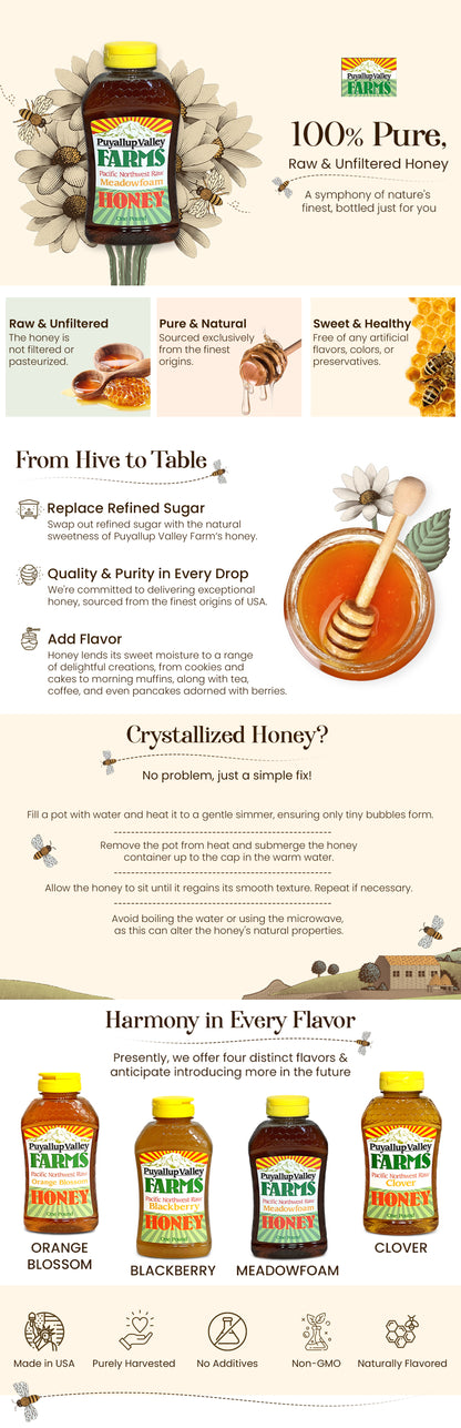 Puyallup Valley Farms™ Meadowfoam Raw Honey 16 Oz Raw Unfiltered Honey Tastes Like Marshmallows